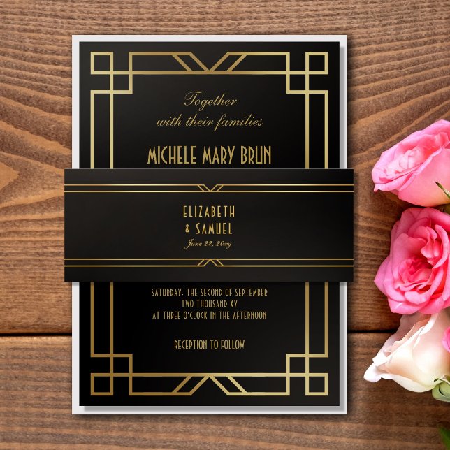 Cintas Para Invitaciones Elegante Art Deco Black Gold Boda Fecha (Subido por el creador)