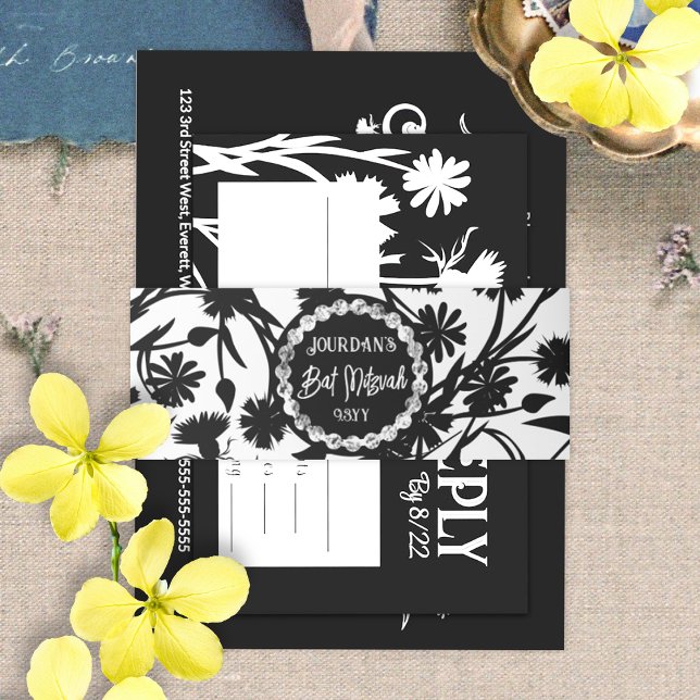 Cintas Para Invitaciones Elegante Bat Floral Negro Mitzvah (floral black and white bat mitzvah belly bands)