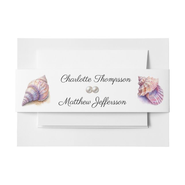 Cintas Para Invitaciones Elegante Beach Wedding Seashells Perlas Náuticas (Anverso Ejemplo)