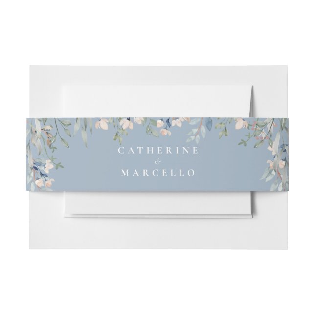Cintas Para Invitaciones Elegante Boda azul con cascada de flores (Anverso Ejemplo)