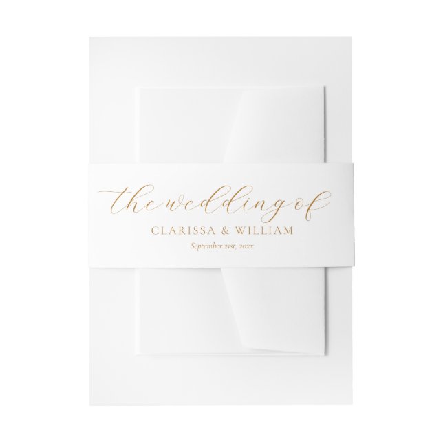 Cintas Para Invitaciones Elegante Boda blanco con guión dorado (Anverso Ejemplo)