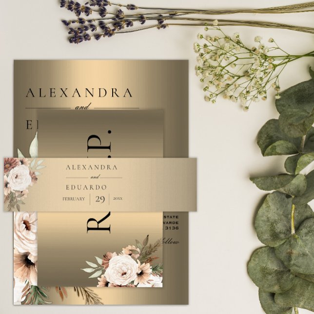 Cintas Para Invitaciones Elegante Boda Boho Wildflowers Gold (Subido por el creador)
