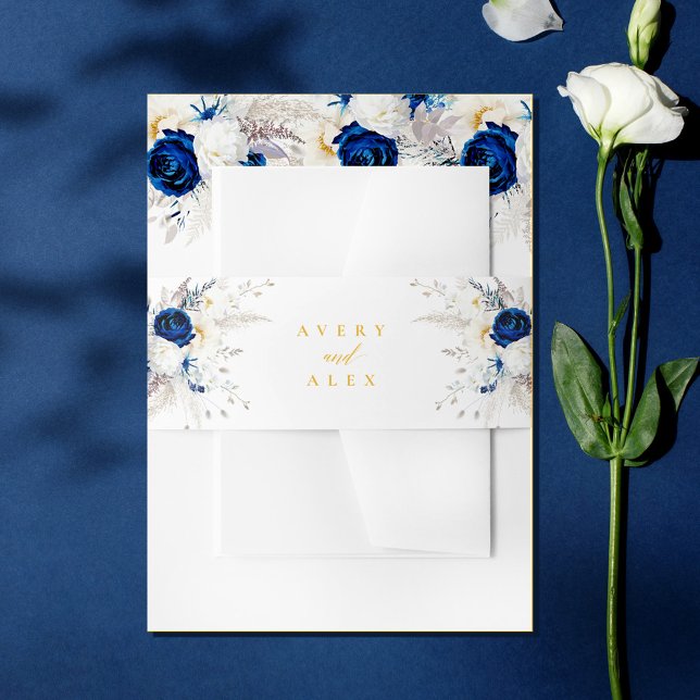 Cintas Para Invitaciones Elegante Boda caligráfico de flores azules y amari (Subido por el creador)