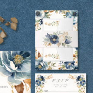 Cintas Para Invitaciones Elegante Boda de acuarela floral azul marfil