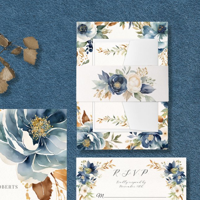 Cintas Para Invitaciones Elegante Boda de acuarela floral azul marfil (Subido por el creador)