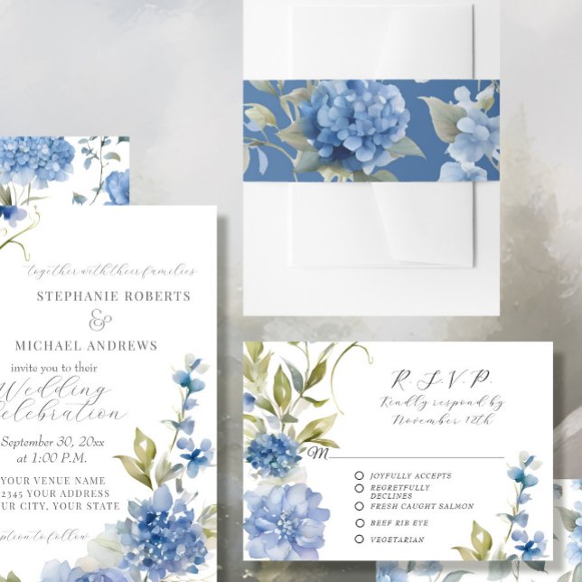 Cintas Para Invitaciones Elegante Boda de acuarela floral de Hydrangea azul (Subido por el creador)