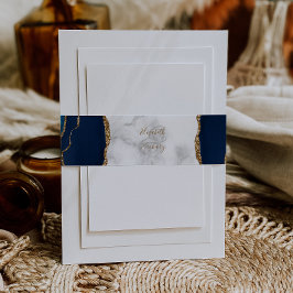 Cintas Para Invitaciones Elegante Boda de Mármol de Ágata Dorada Azul Marin