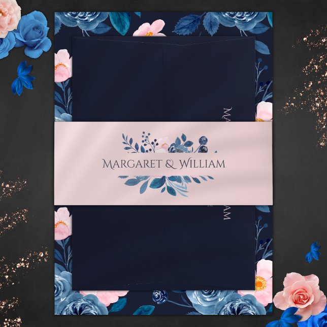 Cintas Para Invitaciones Elegante Boda floral rosa y azul marino de Rubor (Subido por el creador)