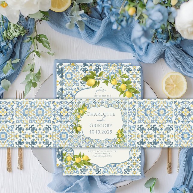 Cintas Para Invitaciones Elegante Boda italiano de limón azul en mosaico (Subido por el creador)