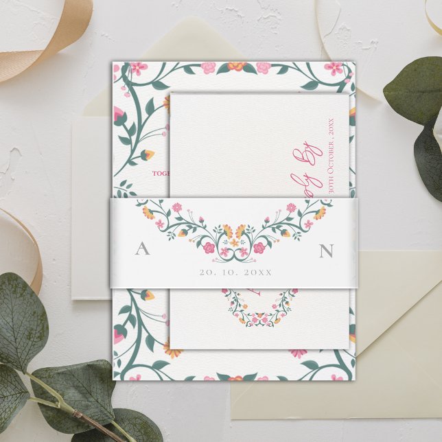 Cintas Para Invitaciones Elegante Bonito Monograma Iniciales Boda Floral (Elegant Pretty Monogram Initials Floral Wedding Invitation Belly Band)