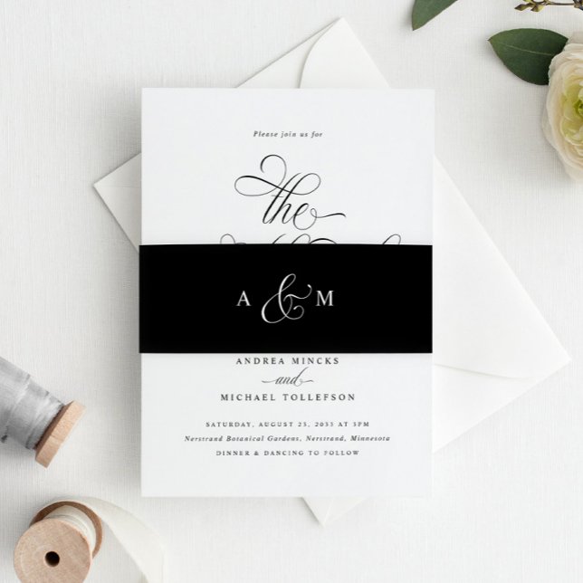 Cintas Para Invitaciones Elegante caligrafía guión Boda de lujo negro (Elegant Wedding Invitation Belly Band - Black and White Luxury Wedding Glam Classy Wedding)