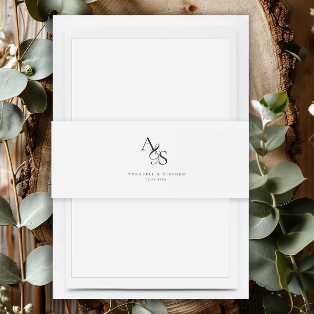 Cintas Para Invitaciones Elegante, clásico, monograma, Boda (Elegant, Classic, Monogram, White and Brown, Wedding Invitation Belly Band.)