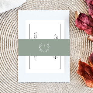 Cintas Para Invitaciones Elegante Corona Botánica de Monograma en Verde Sal