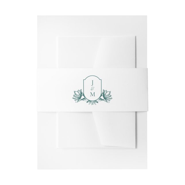 Cintas Para Invitaciones Elegante Escudo de Monograma Botánico verde azulad (Anverso Ejemplo)