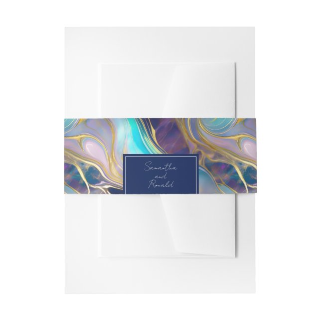 Cintas Para Invitaciones Elegante Faux Gold y Blue Opal Stone Swirly (Anverso Ejemplo)