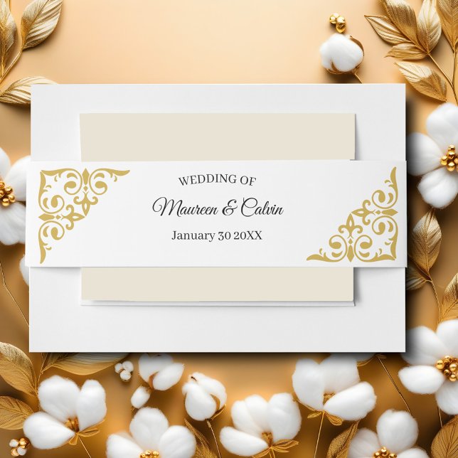 Cintas Para Invitaciones Elegante filigrí dorado sobre Boda blanco (Subido por el creador)