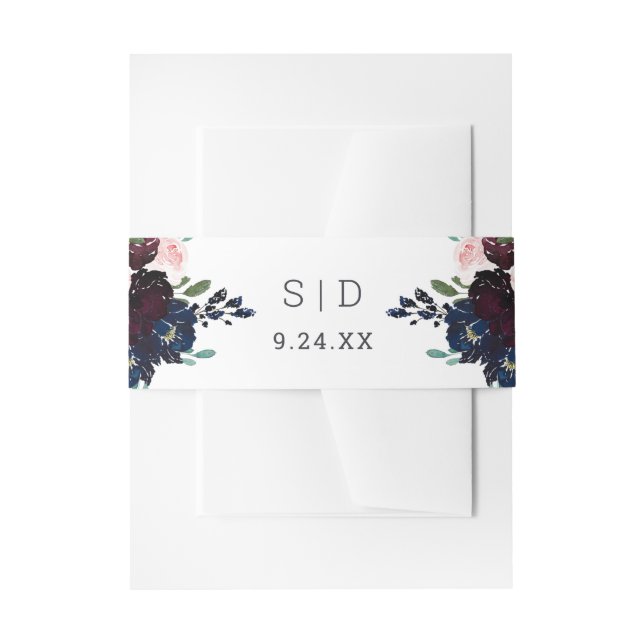 Cintas Para Invitaciones Elegante floral azul de la marina y ciruela | BODA (Anverso Ejemplo)