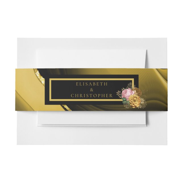 Cintas Para Invitaciones Elegante Floral Negro Oro Boda (Anverso Ejemplo)
