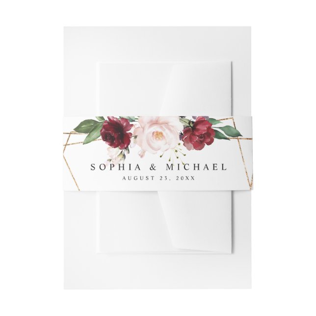 Cintas Para Invitaciones Elegante forma geométrica Rubor y Wine Floral Gold (Anverso Ejemplo)