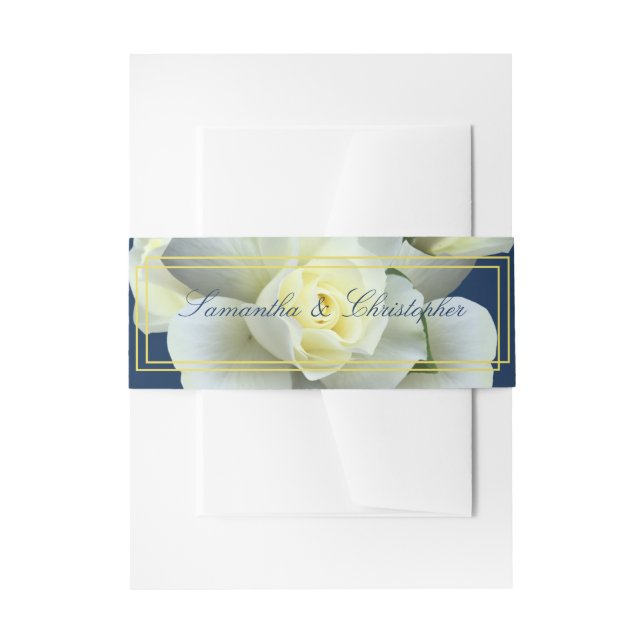Cintas Para Invitaciones Elegante guión azul de la marina marco rosa blanco (Anverso Ejemplo)