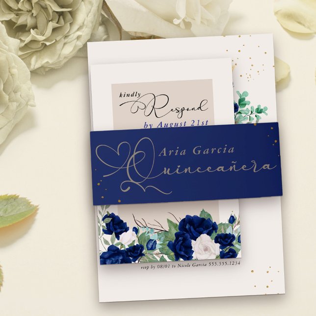 Cintas Para Invitaciones Elegante guión quinceanera azul real (Quinceanera belly band in royal blue)
