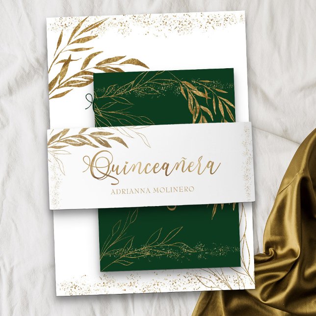 Cintas Para Invitaciones Elegante Hoja de Oro Confetti Quinceanera (White Quinceanera invitation belly band from my Gold Leaf Quinceanera Collection)