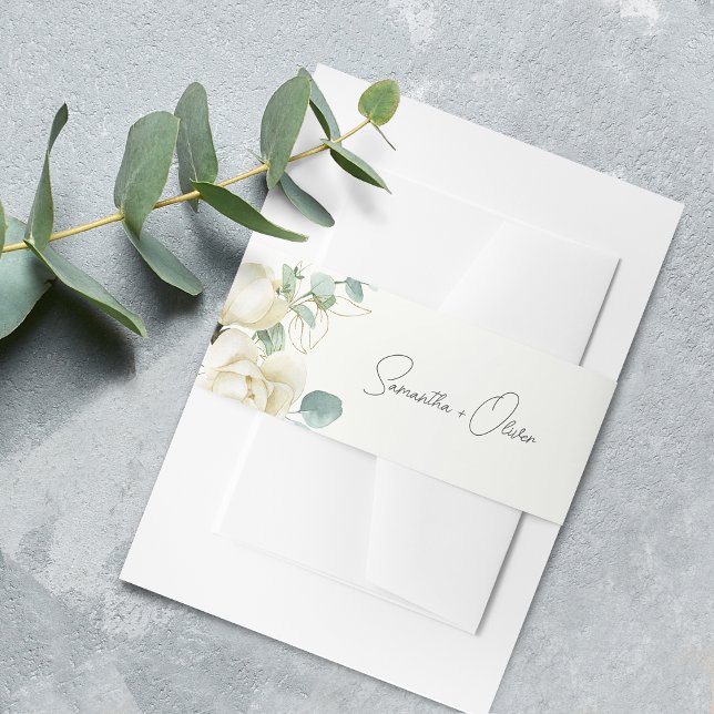 Cintas Para Invitaciones Elegante Magnolia Eucalipto Script (Elegant Magnolia Eucalyptus Script Invitation Belly Band)
