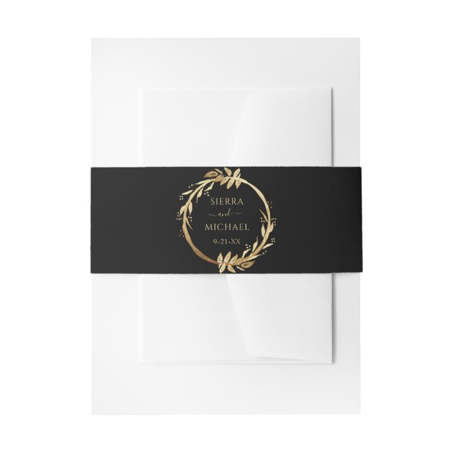 Cintas Para Invitaciones Elegante Moda Boda negro y follaje dorado (Anverso Ejemplo)