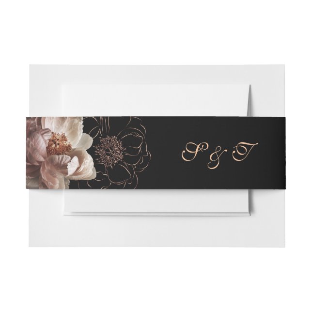 Cintas Para Invitaciones Elegante Monograma Boda floral de medianoche (Anverso Ejemplo)