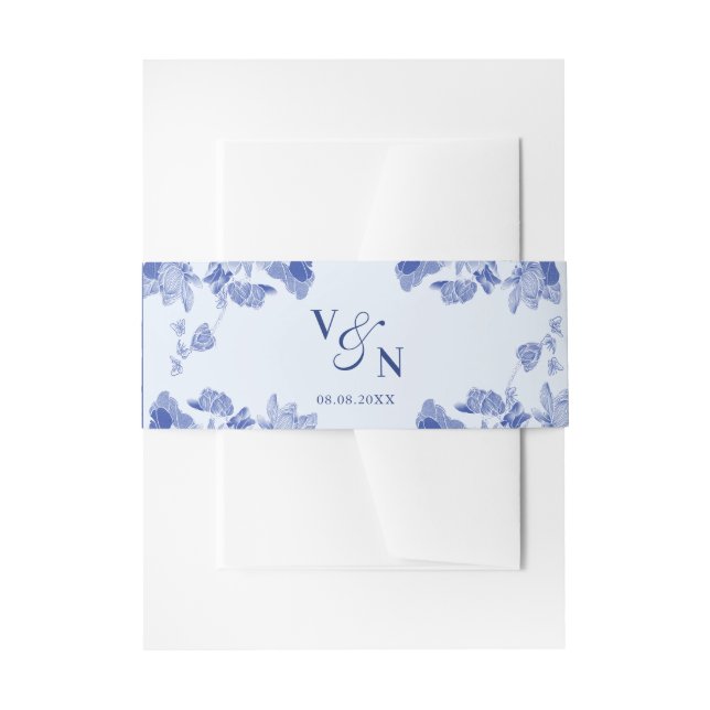 Cintas Para Invitaciones Elegante Monograma Dusty Blue Floral Boda (Anverso Ejemplo)