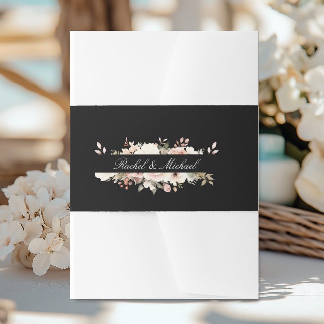 Cintas Para Invitaciones Elegante, negro, pastel, ramo de flores (Elegant, white, pastel, flower bouquet invitation belly band with your name.)