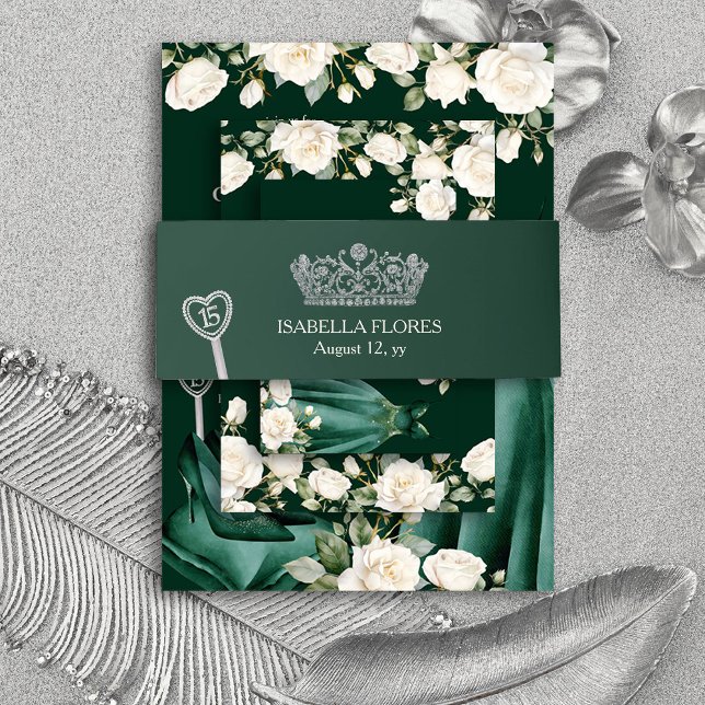 Cintas Para Invitaciones Elegante Quinceanera Verde Tiara 15º cumpleaños (Quinceanera Belly Bands from the Princess Dress and Roses Quinceanera Collection by Darling & May)