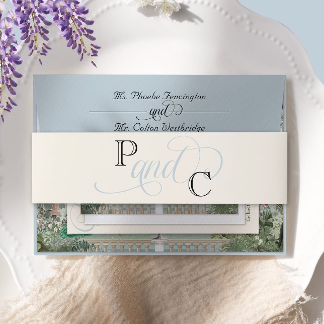 Cintas Para Invitaciones Elegante Regencia Wisteria Boda Monograma Floral (Elegant Regency era dusty blue and cream monogram Bridgerton vintage wedding invitation belly band)