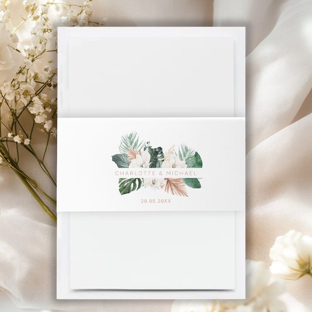Cintas Para Invitaciones Elegante, tropical, frondoso, boda (Elegant, tropical, leafy, wedding invitation belly band with your name and date.)