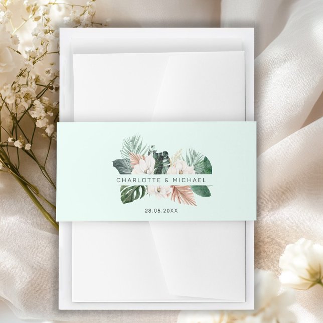 Cintas Para Invitaciones Elegante, tropical, frondoso, boda (Elegant, tropical, leafy, wedding invitation belly band with your name and date
)