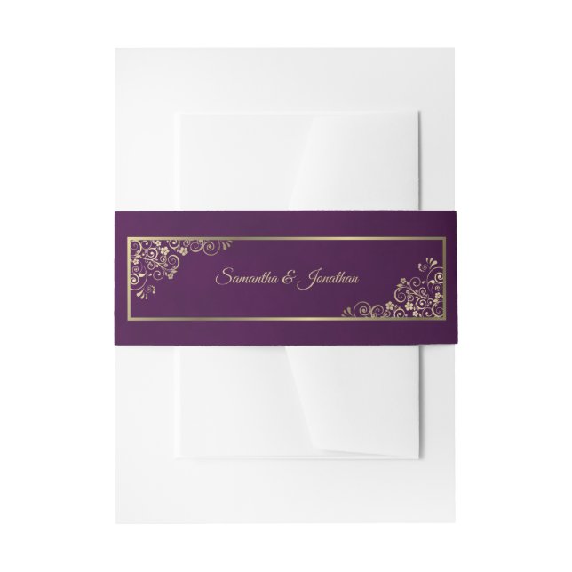 Cintas Para Invitaciones Elegantes Curls de Oro y Swirls Plum Purple Boda (Anverso Ejemplo)