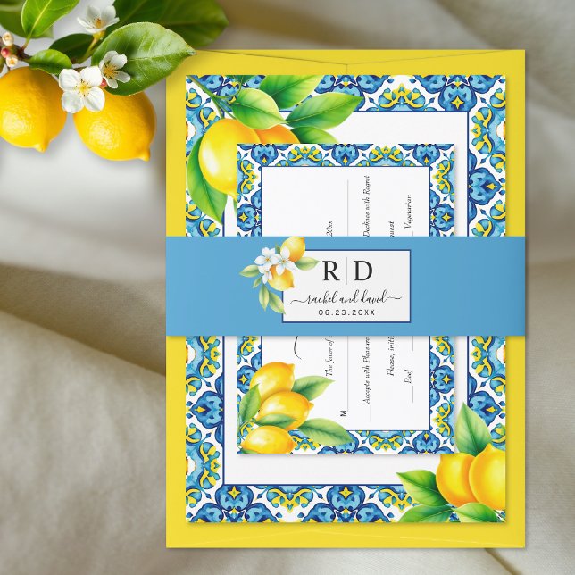 Cintas Para Invitaciones Elegantes iniciales y boda azul de rama de limón (Subido por el creador)
