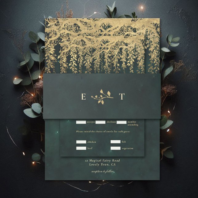 Cintas Para Invitaciones Enchanted Forest Hanging Gold Greenery Wedding (enchanted forest wedding invitation belly band botanical gold initials moody emerald green)
