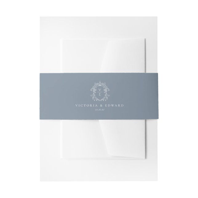 Cintas Para Invitaciones Escudo azul turbio Boda monograma (Anverso Ejemplo)