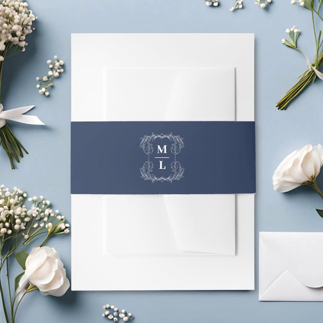 Cintas Para Invitaciones Escudo botánico Boda Monograma azul y blanco (Subido por el creador)