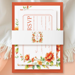 Cintas Para Invitaciones escudo floral naranja y boda floral inicial