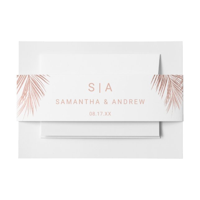 Cintas Para Invitaciones Faux tropicales rosa dorado hoja de palma boda ini (Anverso Ejemplo)