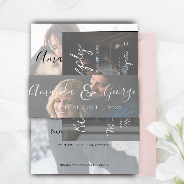Cintas Para Invitaciones Faux Vellum Photo Elegant Script Boda (Faux Vellum Photo Elegant Script Wedding Invitation Belly Band)