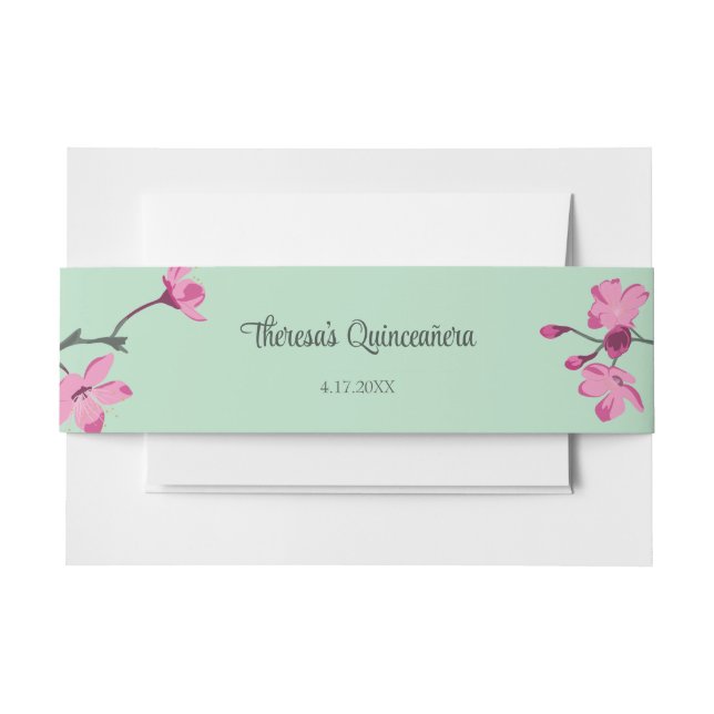 Cintas Para Invitaciones Flor de cerezo verde rosa y menta Quinceanera (Anverso Ejemplo)