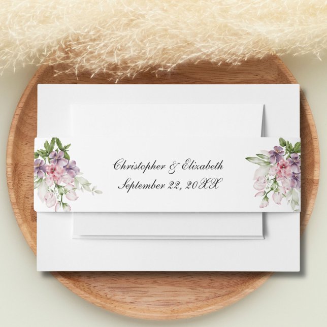 Cintas Para Invitaciones Flor verde rosa Boda clásico tradicional (Pink Purple watercolor florals with greenery wedding belly band. Script writing names wedding date)