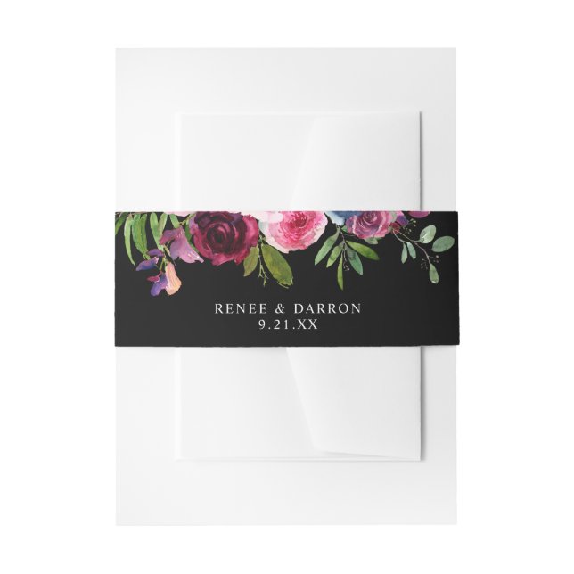 Cintas Para Invitaciones Floral azul caliente rosa y marina 3B negro (Anverso Ejemplo)