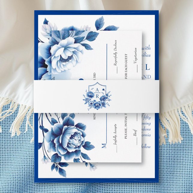 Cintas Para Invitaciones Floral azul Chinoiserie escudo de flores de peonía (Subido por el creador)