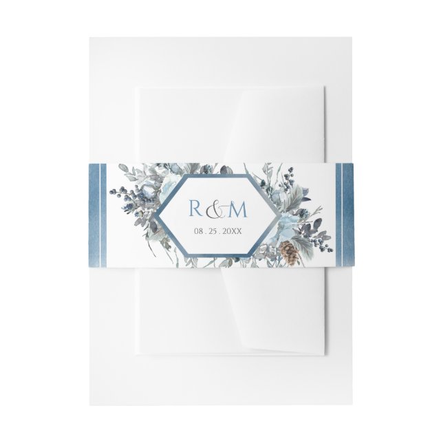 Cintas Para Invitaciones Floral azul geométrica con iniciales Bodas (Anverso Ejemplo)