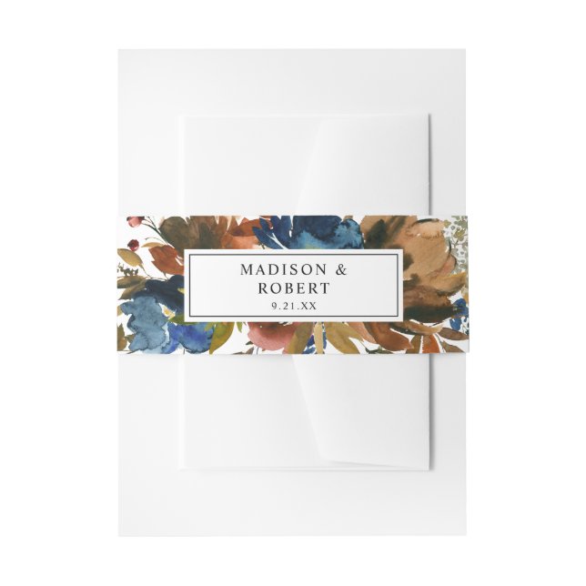 Cintas Para Invitaciones Floral azul marino, Naranja y otoño marrón 3 (Anverso Ejemplo)