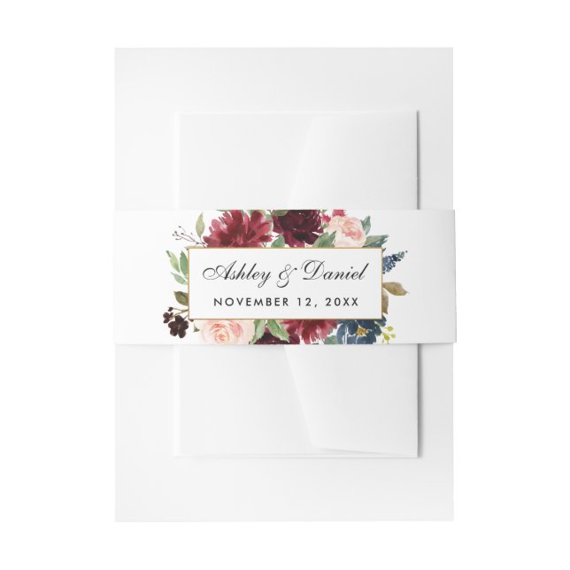 Cintas Para Invitaciones Floral Burgundy Blue Elegant Wedding (Anverso Ejemplo)